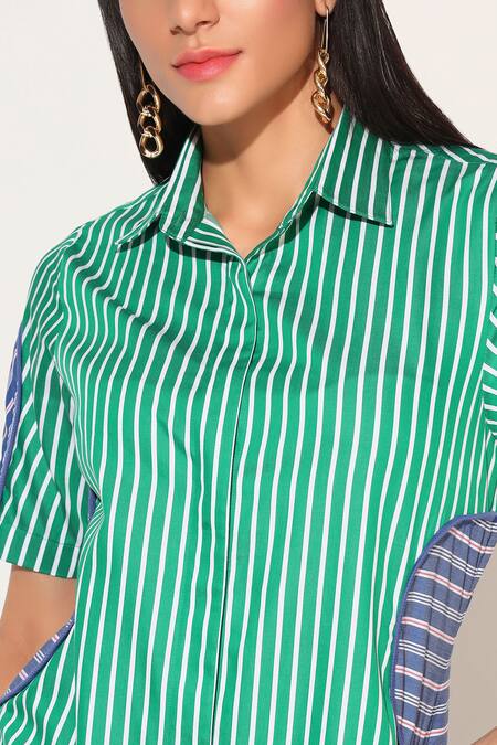 Buy Linetribe_ Green Cotton Collared Striped Astralia Dress Buy_Linetribe__Green Cotton Collared Striped Astralia Dress