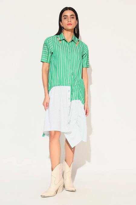 Buy Linetribe_ Green Cotton Collared Zora Striped Dress Online at Aza Fashions Buy_Linetribe__Green Cotton Collared Zora Striped Dress _Online_at_Aza_Fashions