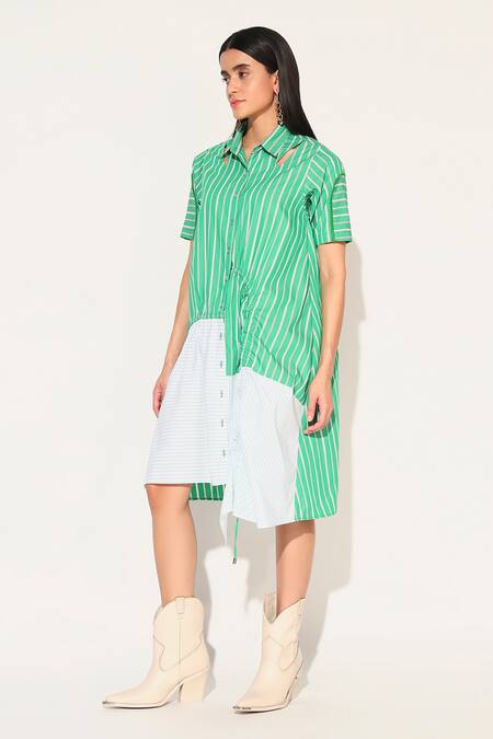 Shop Linetribe_ Green Cotton Collared Zora Striped Dress Online at Aza Fashions Shop_Linetribe__Green Cotton Collared Zora Striped Dress _Online_at_Aza_Fashions