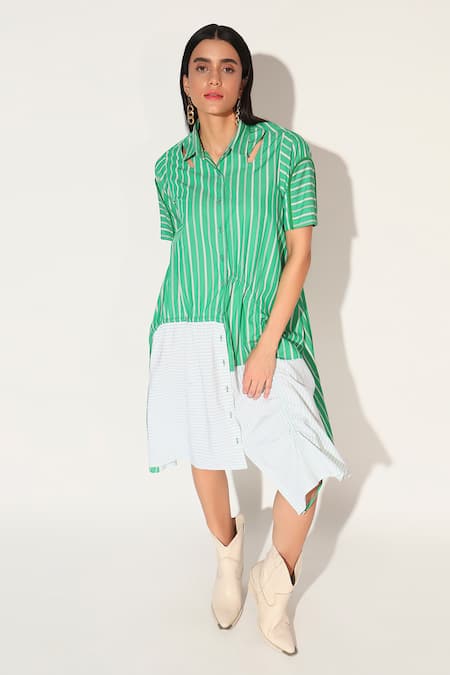 Linetribe_ Green Cotton Collared Zora Striped Dress at Aza Fashions Linetribe__Green Cotton Collared Zora Striped Dress _at_Aza_Fashions