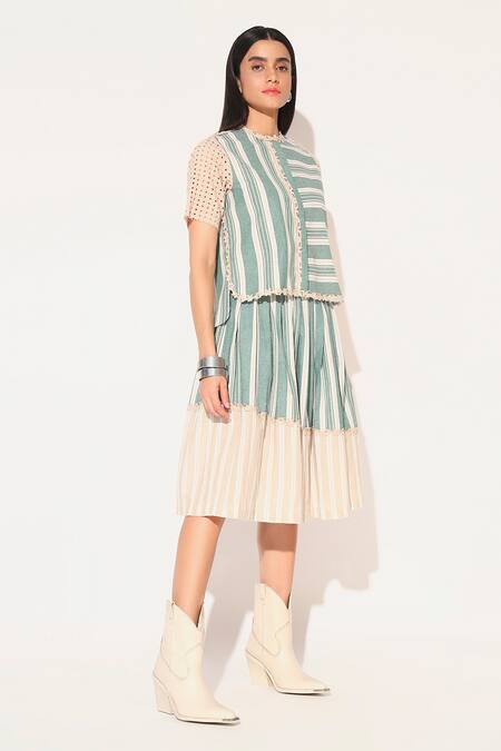 Buy Linetribe_ Green Cotton, Linen Lace Round Neck Striped Skirt Set Online at Aza Fashions Buy_Linetribe__Green Cotton, Linen Lace Round Neck Striped Skirt Set _Online_at_Aza_Fashions