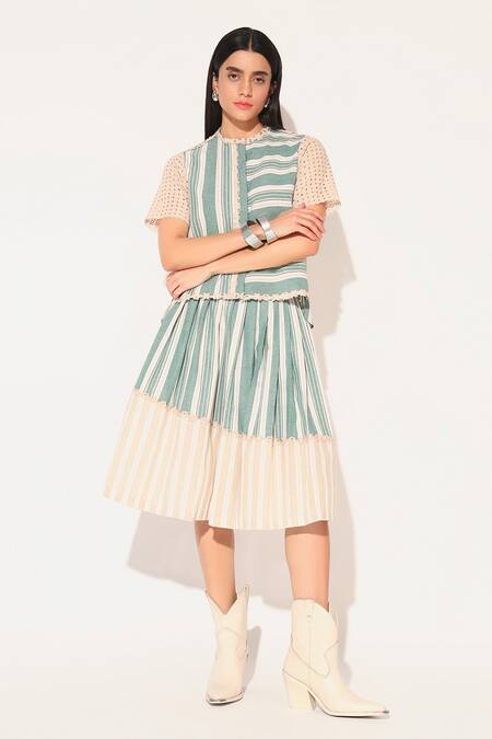 Shop Linetribe_ Green Cotton, Linen Lace Round Neck Striped Skirt Set Online at Aza Fashions Shop_Linetribe__Green Cotton, Linen Lace Round Neck Striped Skirt Set _Online_at_Aza_Fashions
