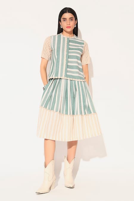 Linetribe_ Green Cotton, Linen Lace Round Neck Striped Skirt Set 