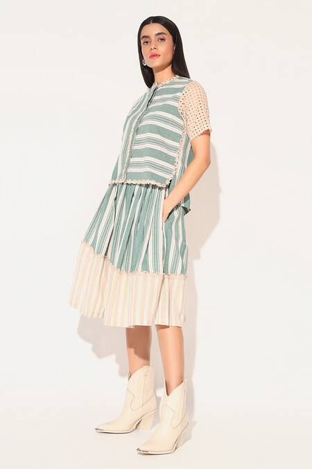 Linetribe_ Green Cotton, Linen Lace Round Neck Striped Skirt Set at Aza Fashions Linetribe__Green Cotton, Linen Lace Round Neck Striped Skirt Set _at_Aza_Fashions