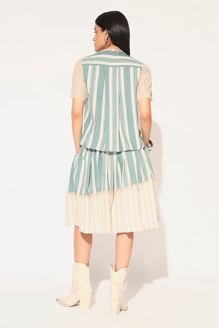Linetribe_ Green Cotton, Linen Lace Round Neck Striped Skirt Set Online at Aza Fashions Linetribe__Green Cotton, Linen Lace Round Neck Striped Skirt Set _Online_at_Aza_Fashions
