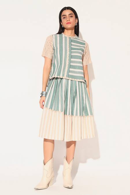 Buy Linetribe_ Green Cotton, Linen Lace Round Neck Striped Skirt Set Buy_Linetribe__Green Cotton, Linen Lace Round Neck Striped Skirt Set