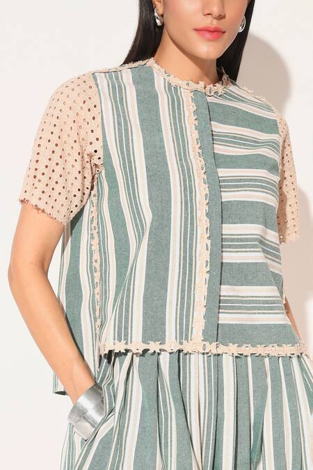 Shop Linetribe_ Green Cotton, Linen Lace Round Neck Striped Skirt Set Shop_Linetribe__Green Cotton, Linen Lace Round Neck Striped Skirt Set