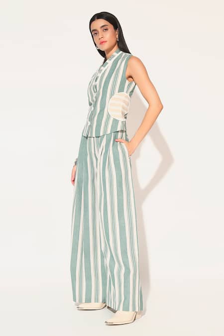 Buy Linetribe_ Green Cotton, Linen V-neck Eira Striped Waist Coat Set Online at Aza Fashions Buy_Linetribe__Green Cotton, Linen V-neck Eira Striped Waist Coat Set _Online_at_Aza_Fashions