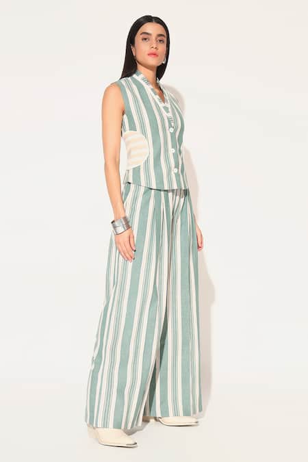 Shop Linetribe_ Green Cotton, Linen V-neck Eira Striped Waist Coat Set Online at Aza Fashions Shop_Linetribe__Green Cotton, Linen V-neck Eira Striped Waist Coat Set _Online_at_Aza_Fashions
