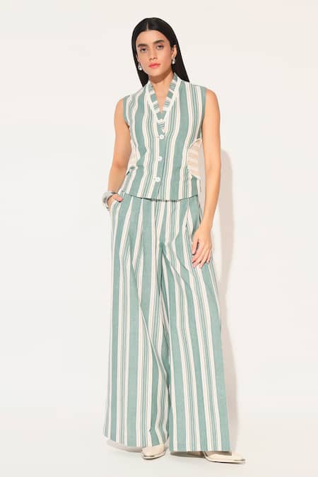 Linetribe_ Green Cotton, Linen V-neck Eira Striped Waist Coat Set 