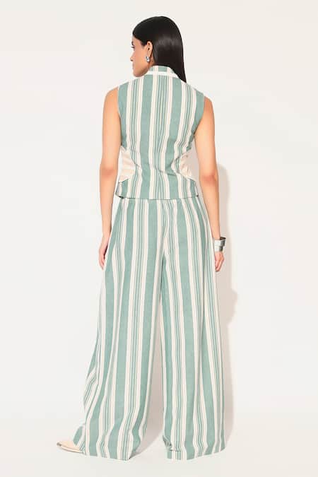 Linetribe_ Green Cotton, Linen V-neck Eira Striped Waist Coat Set Online at Aza Fashions Linetribe__Green Cotton, Linen V-neck Eira Striped Waist Coat Set _Online_at_Aza_Fashions