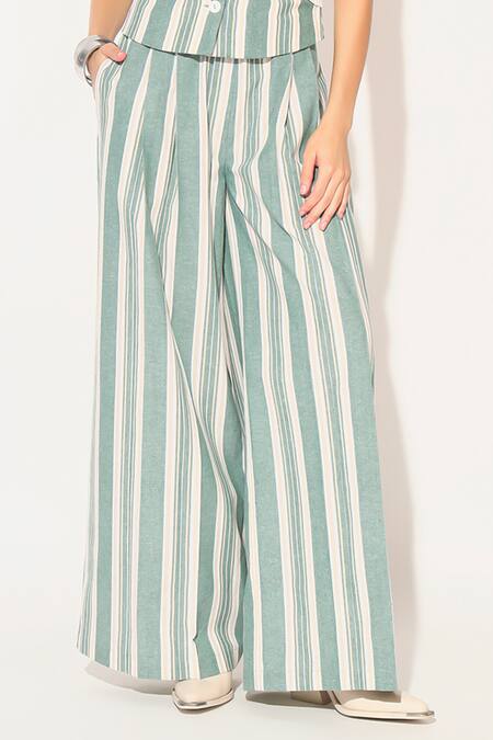 Buy Linetribe_ Green Cotton, Linen V-neck Eira Striped Waist Coat Set Buy_Linetribe__Green Cotton, Linen V-neck Eira Striped Waist Coat Set