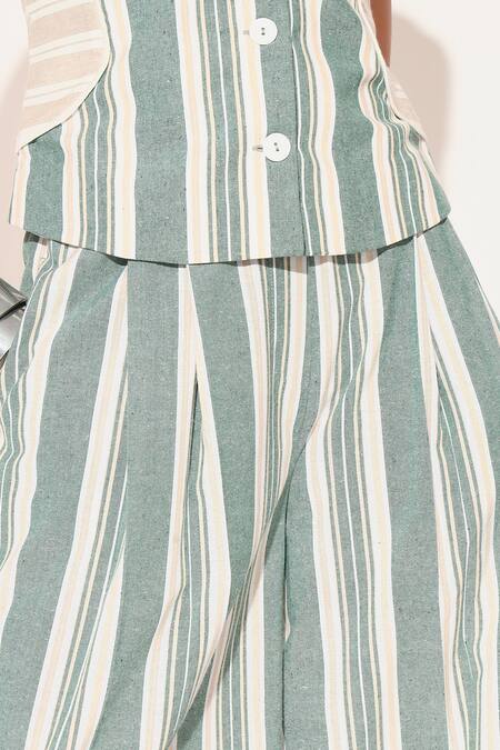 Shop Linetribe_ Green Cotton, Linen V-neck Eira Striped Waist Coat Set Shop_Linetribe__Green Cotton, Linen V-neck Eira Striped Waist Coat Set