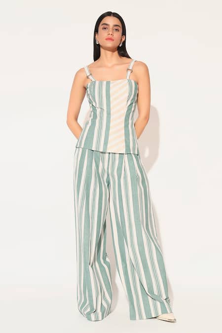Linetribe_ Green Cotton, Linen Square Neck Striped Top And Pants Set 