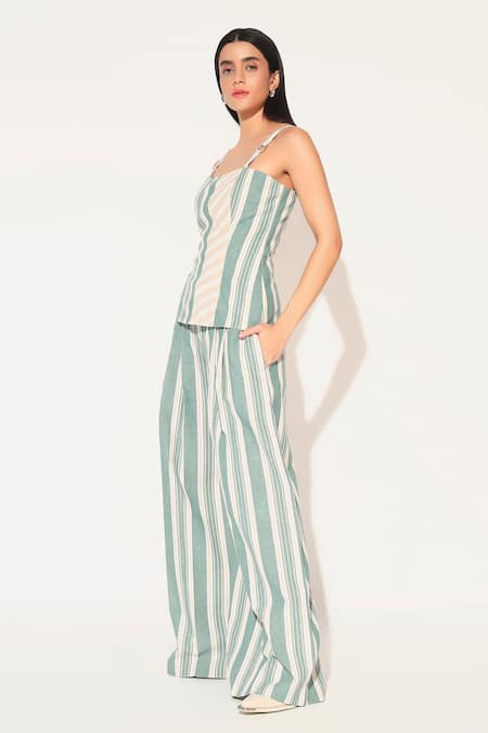 Buy Linetribe_ Green Cotton, Linen Square Neck Striped Top And Pants Set Online at Aza Fashions Buy_Linetribe__Green Cotton, Linen Square Neck Striped Top And Pants Set _Online_at_Aza_Fashions