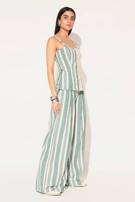 Shop Linetribe_ Green Cotton, Linen Square Neck Striped Top And Pants Set Online at Aza Fashions Shop_Linetribe__Green Cotton, Linen Square Neck Striped Top And Pants Set _Online_at_Aza_Fashions