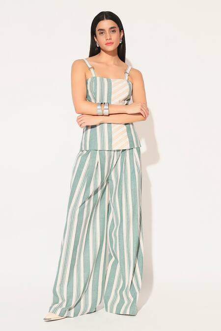 Linetribe_ Green Cotton, Linen Square Neck Striped Top And Pants Set at Aza Fashions Linetribe__Green Cotton, Linen Square Neck Striped Top And Pants Set _at_Aza_Fashions