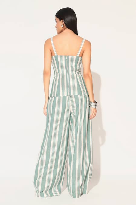 Linetribe_ Green Cotton, Linen Square Neck Striped Top And Pants Set Online at Aza Fashions Linetribe__Green Cotton, Linen Square Neck Striped Top And Pants Set _Online_at_Aza_Fashions