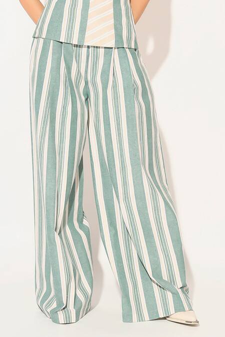 Buy Linetribe_ Green Cotton, Linen Square Neck Striped Top And Pants Set Buy_Linetribe__Green Cotton, Linen Square Neck Striped Top And Pants Set