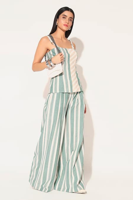 Shop Linetribe_ Green Cotton, Linen Square Neck Striped Top And Pants Set Shop_Linetribe__Green Cotton, Linen Square Neck Striped Top And Pants Set