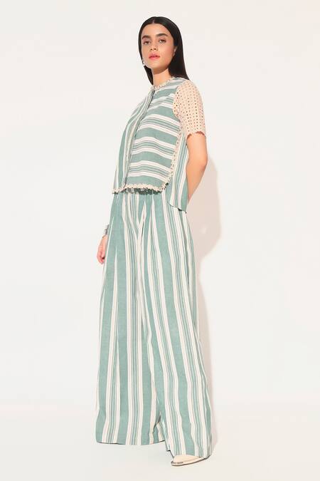 Buy Linetribe_ Green Cotton, Linen Round Neck Striped Beige Shirt And Pants Set Online at Aza Fashions Buy_Linetribe__Green Cotton, Linen Round Neck Striped Beige Shirt And Pants Set _Online_at_Aza_Fashions