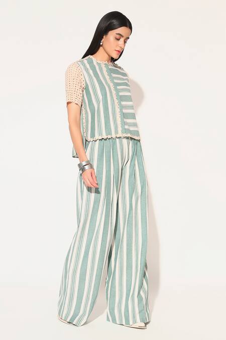Shop Linetribe_ Green Cotton, Linen Round Neck Striped Beige Shirt And Pants Set Online at Aza Fashions Shop_Linetribe__Green Cotton, Linen Round Neck Striped Beige Shirt And Pants Set _Online_at_Aza_Fashions