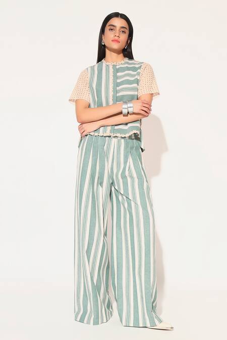 Linetribe_ Green Cotton, Linen Round Neck Striped Beige Shirt And Pants Set at Aza Fashions Linetribe__Green Cotton, Linen Round Neck Striped Beige Shirt And Pants Set _at_Aza_Fashions