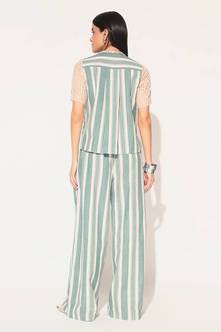 Linetribe_ Green Cotton, Linen Round Neck Striped Beige Shirt And Pants Set Online at Aza Fashions Linetribe__Green Cotton, Linen Round Neck Striped Beige Shirt And Pants Set _Online_at_Aza_Fashions