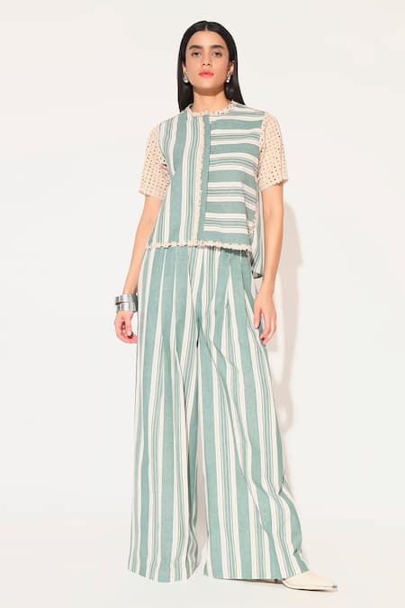 Linetribe_ Green Cotton, Linen Round Neck Striped Beige Shirt And Pants Set