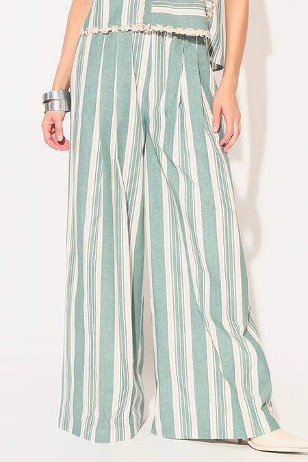 Buy Linetribe_ Green Cotton, Linen Round Neck Striped Beige Shirt And Pants Set Buy_Linetribe__Green Cotton, Linen Round Neck Striped Beige Shirt And Pants Set