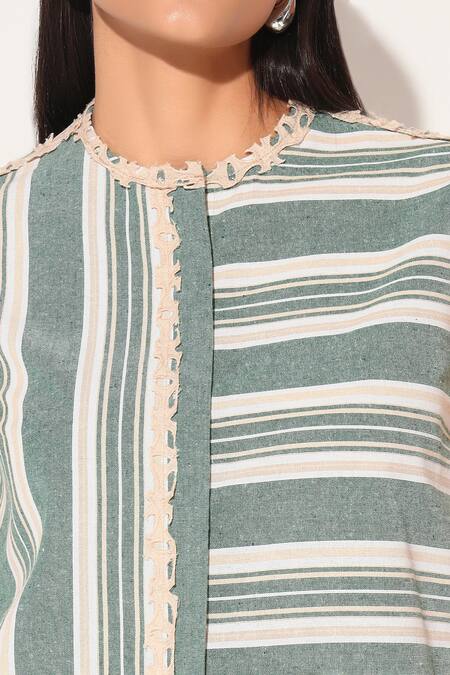 Shop Linetribe_ Green Cotton, Linen Round Neck Striped Beige Shirt And Pants Set Shop_Linetribe__Green Cotton, Linen Round Neck Striped Beige Shirt And Pants Set