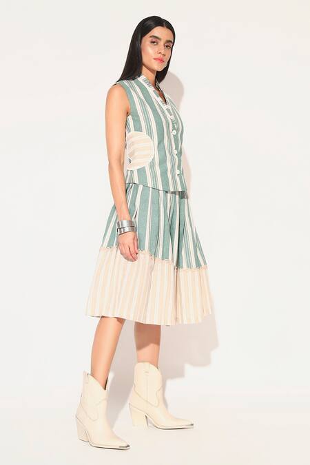 Linetribe__Green Cotton, Linen Collared Striped Waist Coat And Skirt Set _Online_at_Aza_Fashions