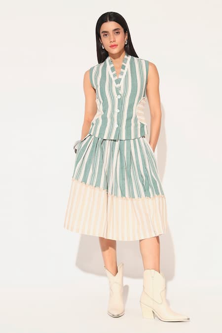 Linetribe_ Green Cotton, Linen Collared Striped Waist Coat And Skirt Set
