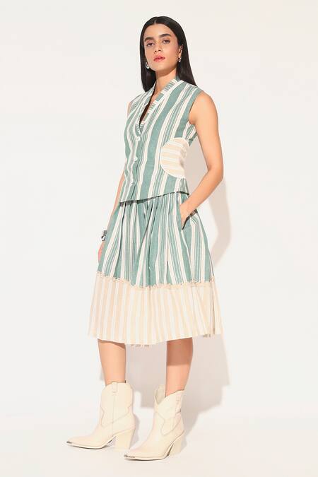 Shop_Linetribe__Green Cotton, Linen Collared Striped Waist Coat And Skirt Set _Online_at_Aza_Fashions