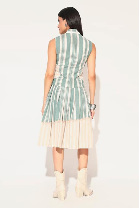 Shop_Linetribe__Green Cotton, Linen Collared Striped Waist Coat And Skirt Set _at_Aza_Fashions