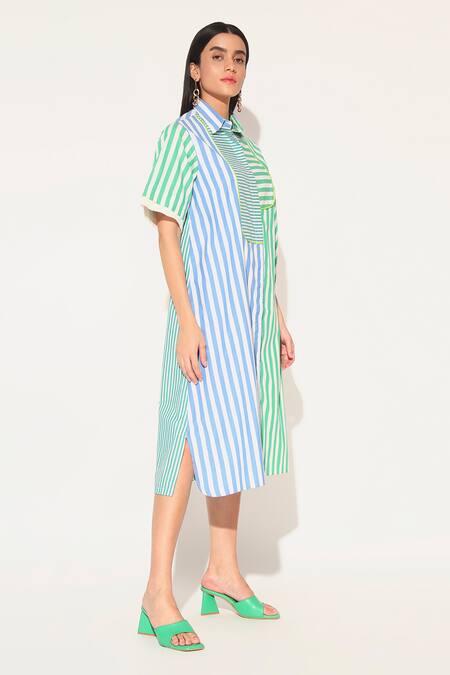 Linetribe_ Blue Cotton Collared Striped Rhea Dress Online at Aza Fashions Linetribe__Blue Cotton Collared Striped Rhea Dress _Online_at_Aza_Fashions