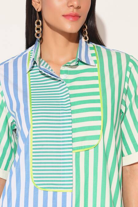 Shop Linetribe_ Blue Cotton Collared Striped Rhea Dress Online at Aza Fashions Shop_Linetribe__Blue Cotton Collared Striped Rhea Dress _Online_at_Aza_Fashions