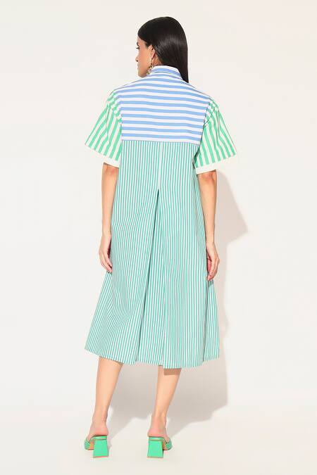 Shop Linetribe_ Blue Cotton Collared Striped Rhea Dress at Aza Fashions Shop_Linetribe__Blue Cotton Collared Striped Rhea Dress _at_Aza_Fashions