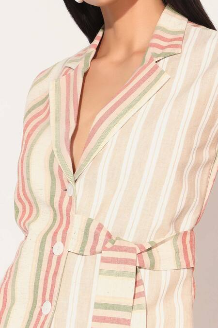 Buy Linetribe_ Multi Color Cotton, Linen V-neck Striped Waist Coat Set Online at Aza Fashions Buy_Linetribe__Multi Color Cotton, Linen V-neck Striped Waist Coat Set _Online_at_Aza_Fashions