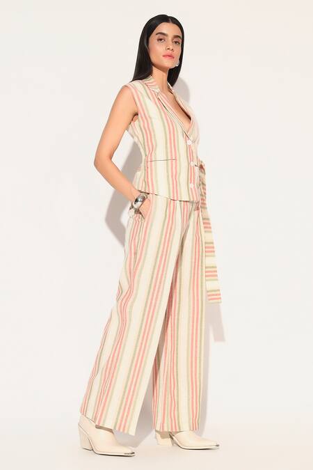 Shop Linetribe_ Multi Color Cotton, Linen V-neck Striped Waist Coat Set Online at Aza Fashions Shop_Linetribe__Multi Color Cotton, Linen V-neck Striped Waist Coat Set _Online_at_Aza_Fashions