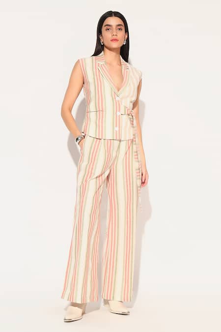 Linetribe_ Multi Color Cotton, Linen V-neck Striped Waist Coat Set 
