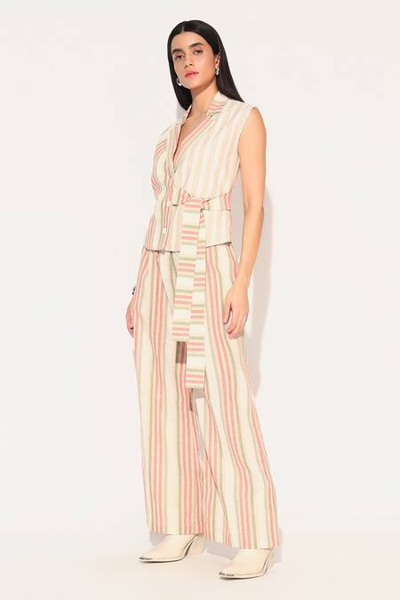 Linetribe_ Multi Color Cotton, Linen V-neck Striped Waist Coat Set at Aza Fashions Linetribe__Multi Color Cotton, Linen V-neck Striped Waist Coat Set _at_Aza_Fashions