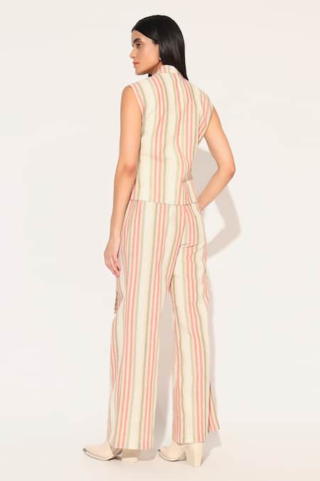 Linetribe_ Multi Color Cotton, Linen V-neck Striped Waist Coat Set Online at Aza Fashions Linetribe__Multi Color Cotton, Linen V-neck Striped Waist Coat Set _Online_at_Aza_Fashions