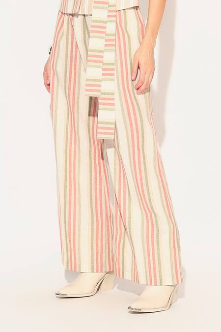 Buy Linetribe_ Multi Color Cotton, Linen V-neck Striped Waist Coat Set Buy_Linetribe__Multi Color Cotton, Linen V-neck Striped Waist Coat Set