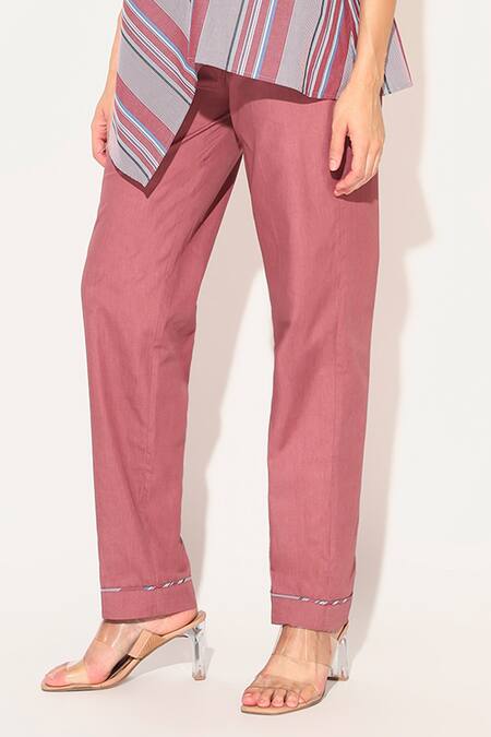 Linetribe_Maroon Cotton Round Neck Striped Callisto Set _Online_at_Aza_Fashions