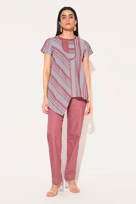 Linetribe_ Maroon Cotton Round Neck Striped Callisto Set 