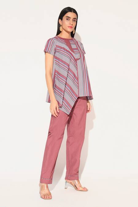 Buy_Linetribe_Maroon Cotton Round Neck Striped Callisto Set _Online_at_Aza_Fashions