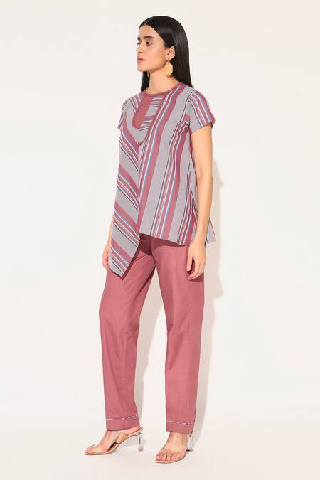 Shop_Linetribe_Maroon Cotton Round Neck Striped Callisto Set _Online_at_Aza_Fashions