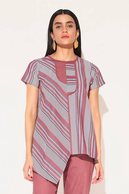 Linetribe_Maroon Cotton Round Neck Striped Callisto Set _at_Aza_Fashions