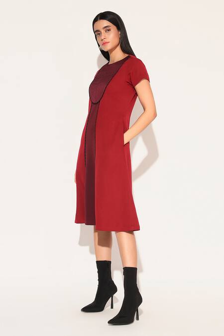 Buy Linetribe_ Red Crepe Round Neck Designer Oberon Dress Online at Aza Fashions Buy_Linetribe__Red Crepe Round Neck Designer Oberon Dress _Online_at_Aza_Fashions